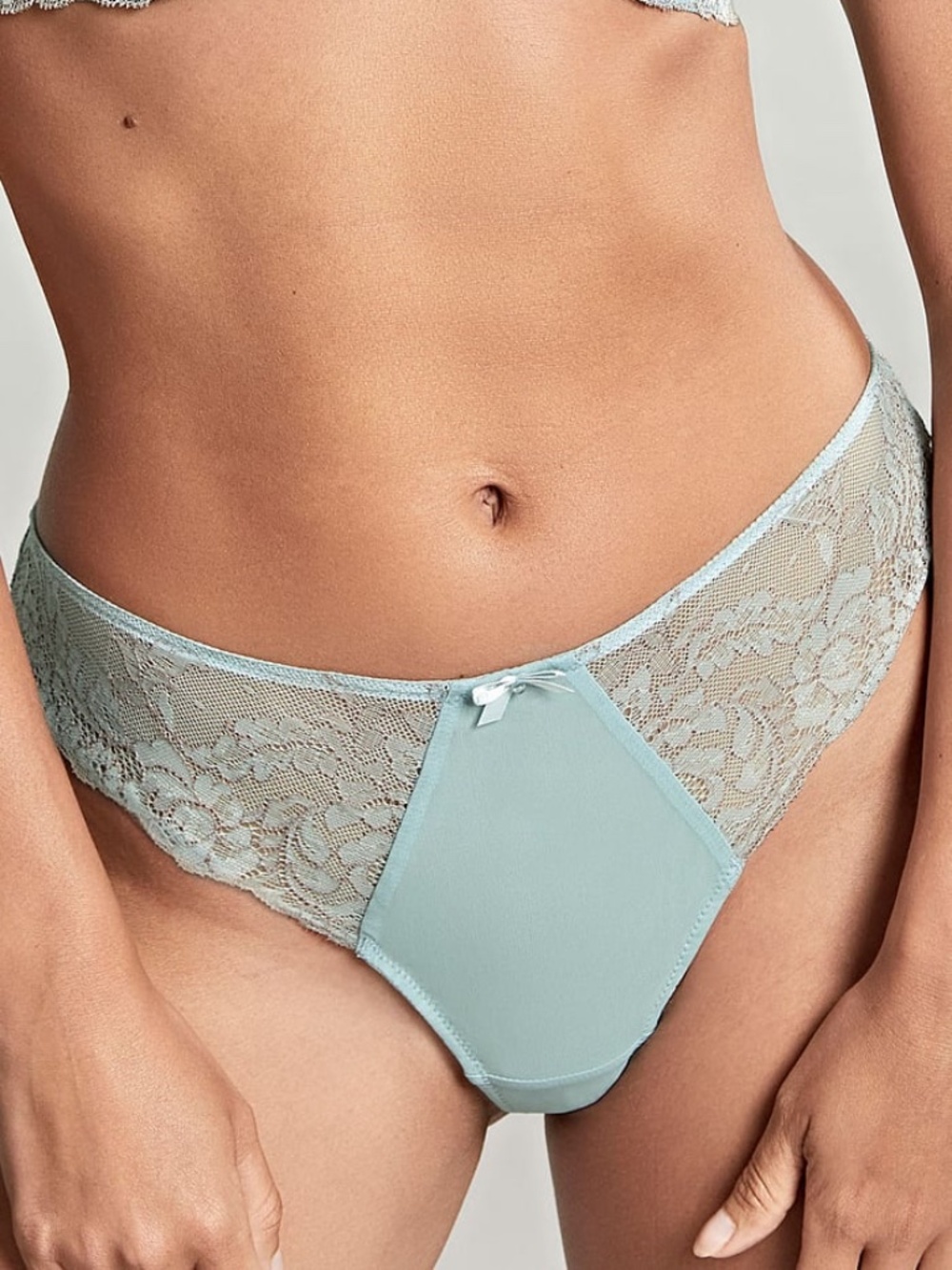 NEW Panache Ana Lace Mesh Bow Embroidered Thong Panty 9399 Blue Ash Rose